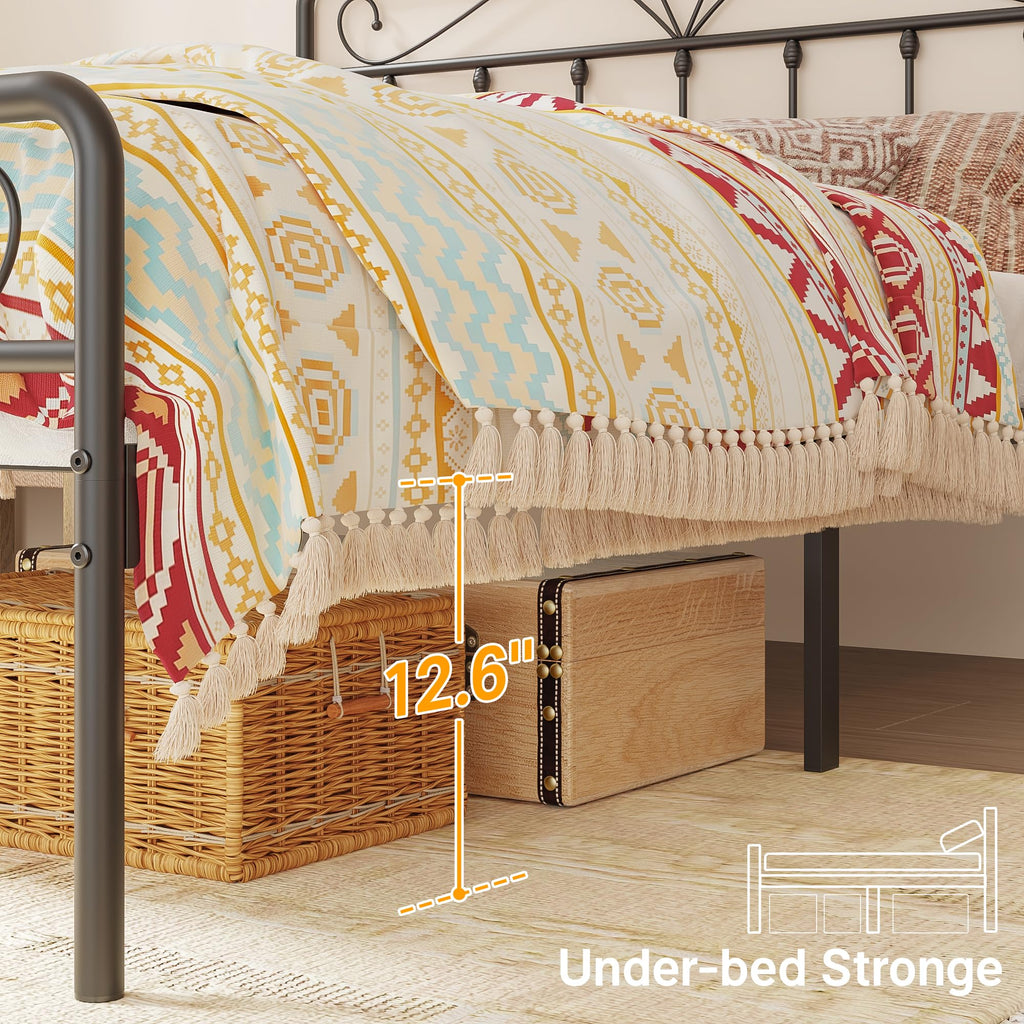 Queen Bed Frame with Victorian Style Headboard Metal Bed Frame Queen Size with Storage Space No Box Spring Needed