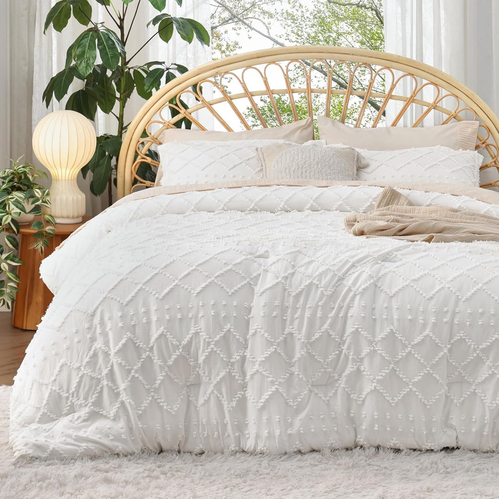 Queen Comforter Set - White Comforter, Boho Tufted Shabby Chic Bedding Comforter Set for Kids
