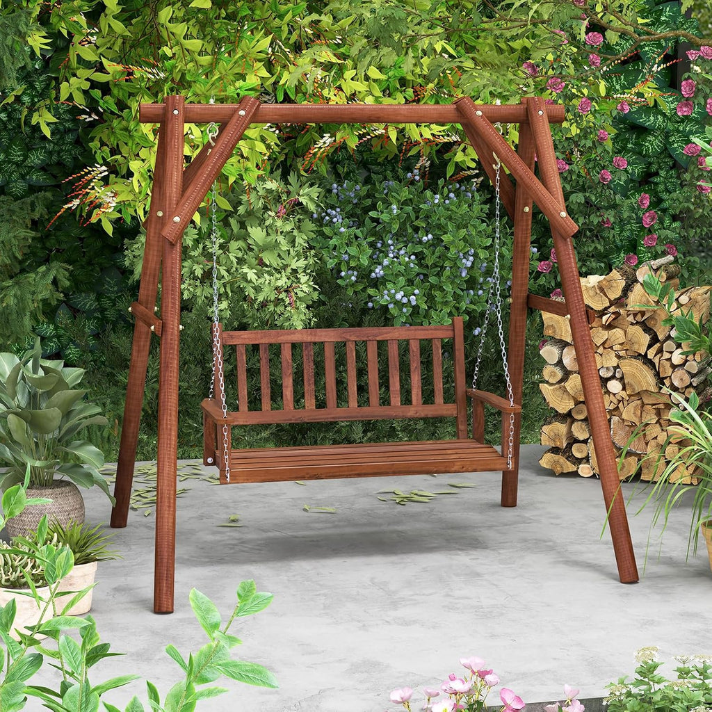 2-Person Wooden Outdoor Porch Swing, Heavy Duty Patio Hanging Bench Chair with 500 LBS Weight Capacity, 5.6 FT