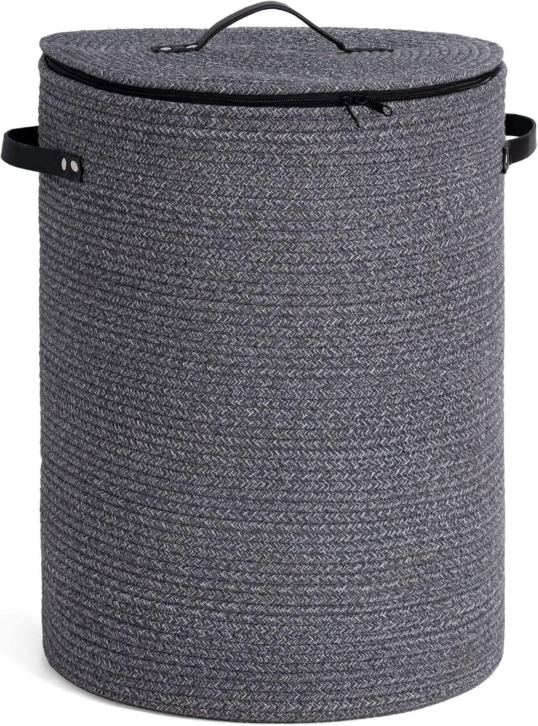 Large Woven Laundry Basket with Lid & Leather Handles, 60L, Grey | 15" x 20" Tall Laundry Hamper, Storage Basket for