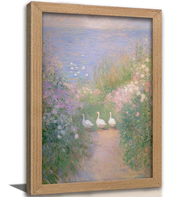 Framed Impressionist Goose Wall Art, Cottagecore Duck Oil Painting Canvas Print Picture, Pastel Floral Lake Landscape