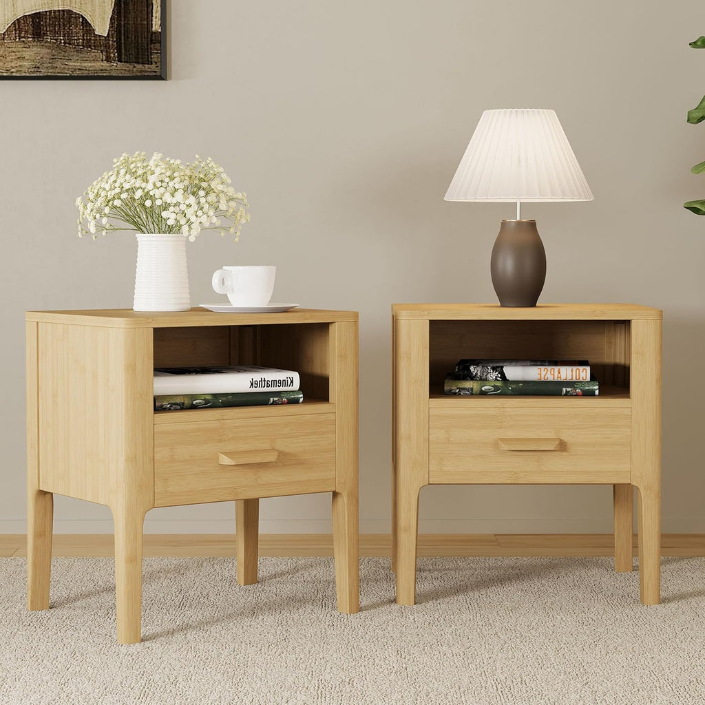 Bamboo Nightstands Set of 2 with Drawer & Shelf, Mid-Century Modern Solid Bedside Tables, Natural
