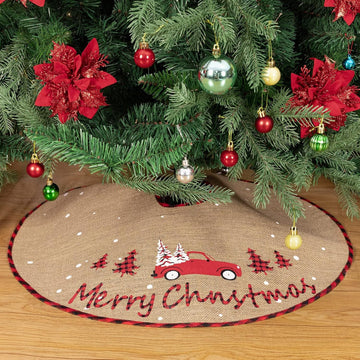 Christmas Tree Skirt, 30 Inch Rustic Burlap Tree Skirt with Red Truck and Letter Printed Christmas Tree Mat for Xmas