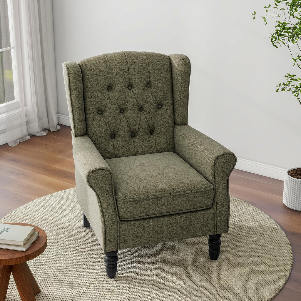 Chenille Wingback Accent Chair, Tufted High Back Armchair, Green