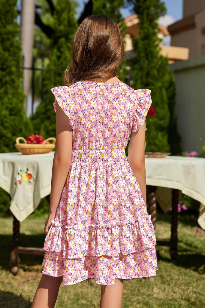 Girls Dresses Flutter Sleeve A-Line Sundress Casual Summer Tiered Swing Midi Pocket Dress