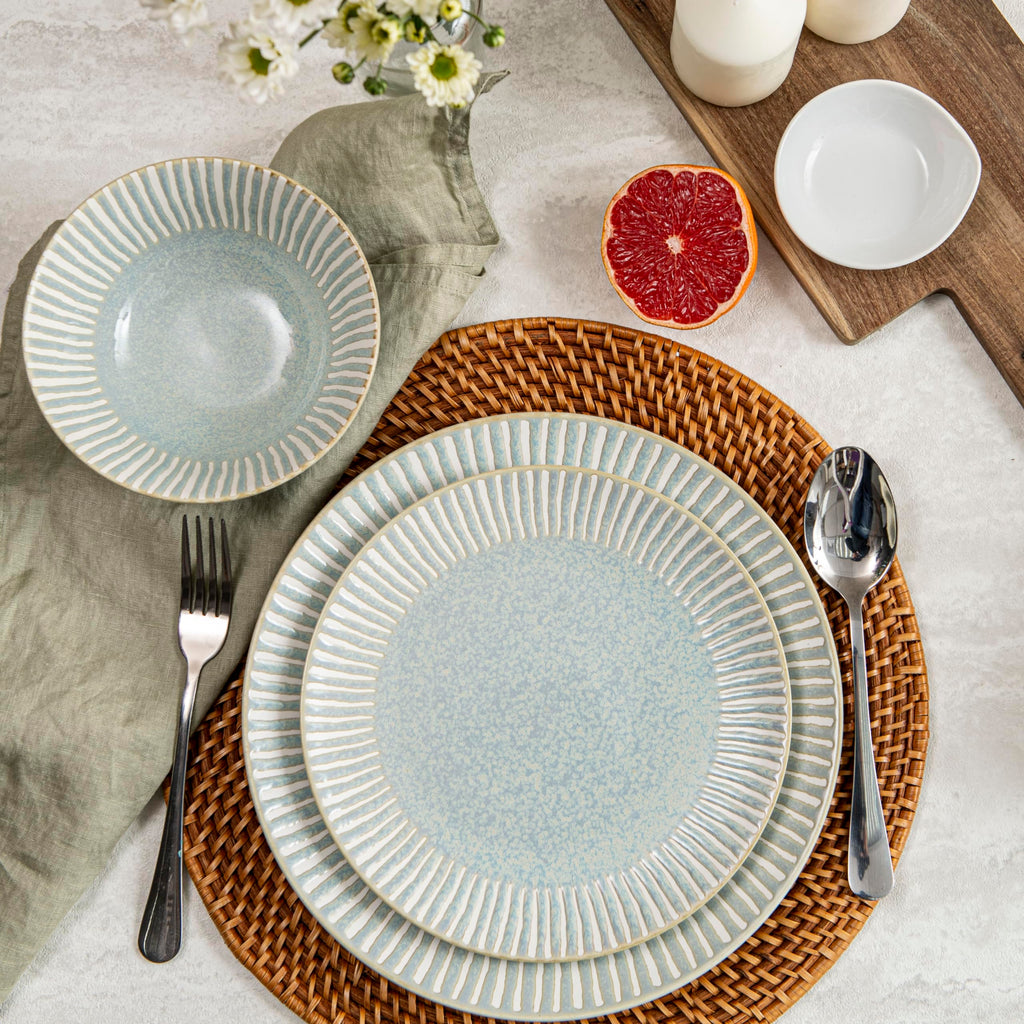 12-Piece Reactive Blue Ceramic Dinnerware Set Bali Breeze Blue Elegant Table Setting for Every Occasion - Microwave &