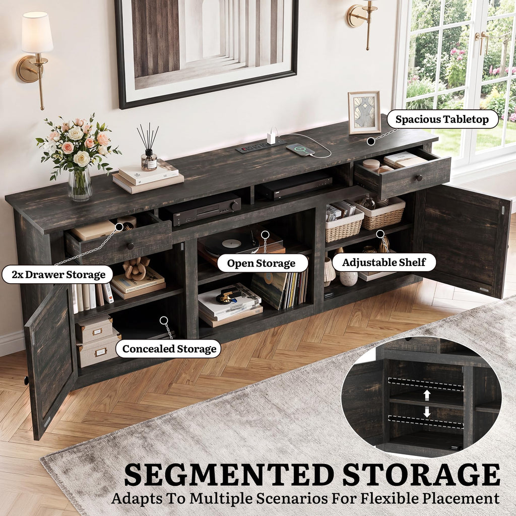 70" Farmhouse TV Stand for 80 Inch TVs with Storage, Rustic Oak