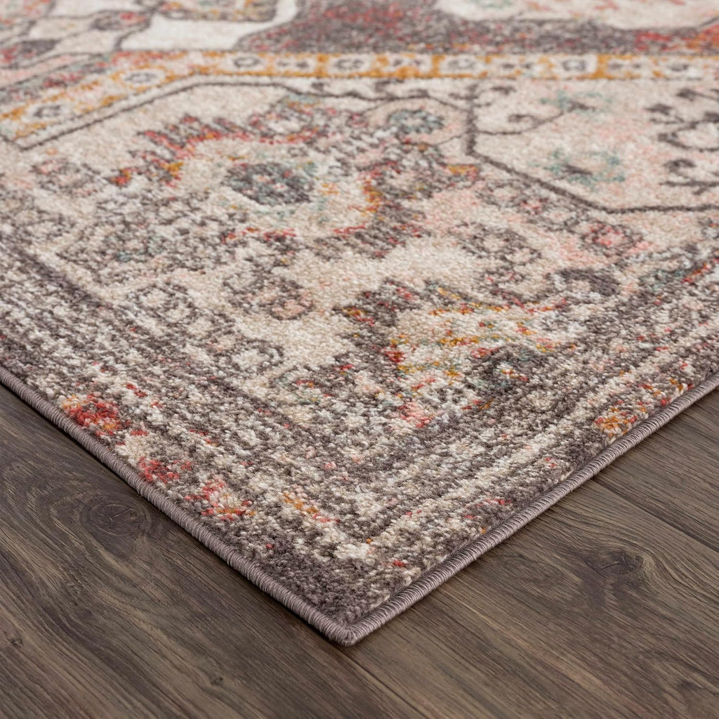 Xenia Living Room, Bedroom Area Rug - Medallion Geometric Border Diamond Distressed - Traditional Oriental Turkish