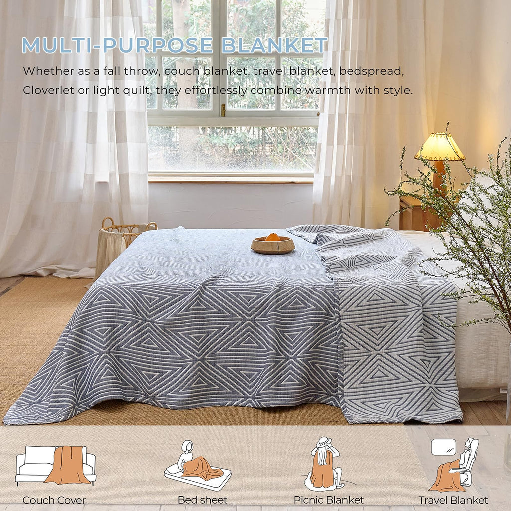 100% Cotton Geometric Reversible Muslin Blanket 60"×80" Blue