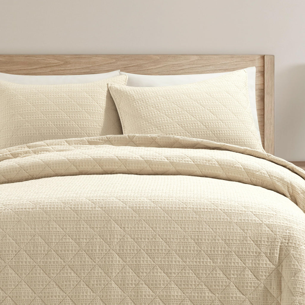 Haniya Solid Waffle Woven Textured Cotton Quilt Set, 3 Piece Set, Neutral - Soft Waffle Quilt - Neutral