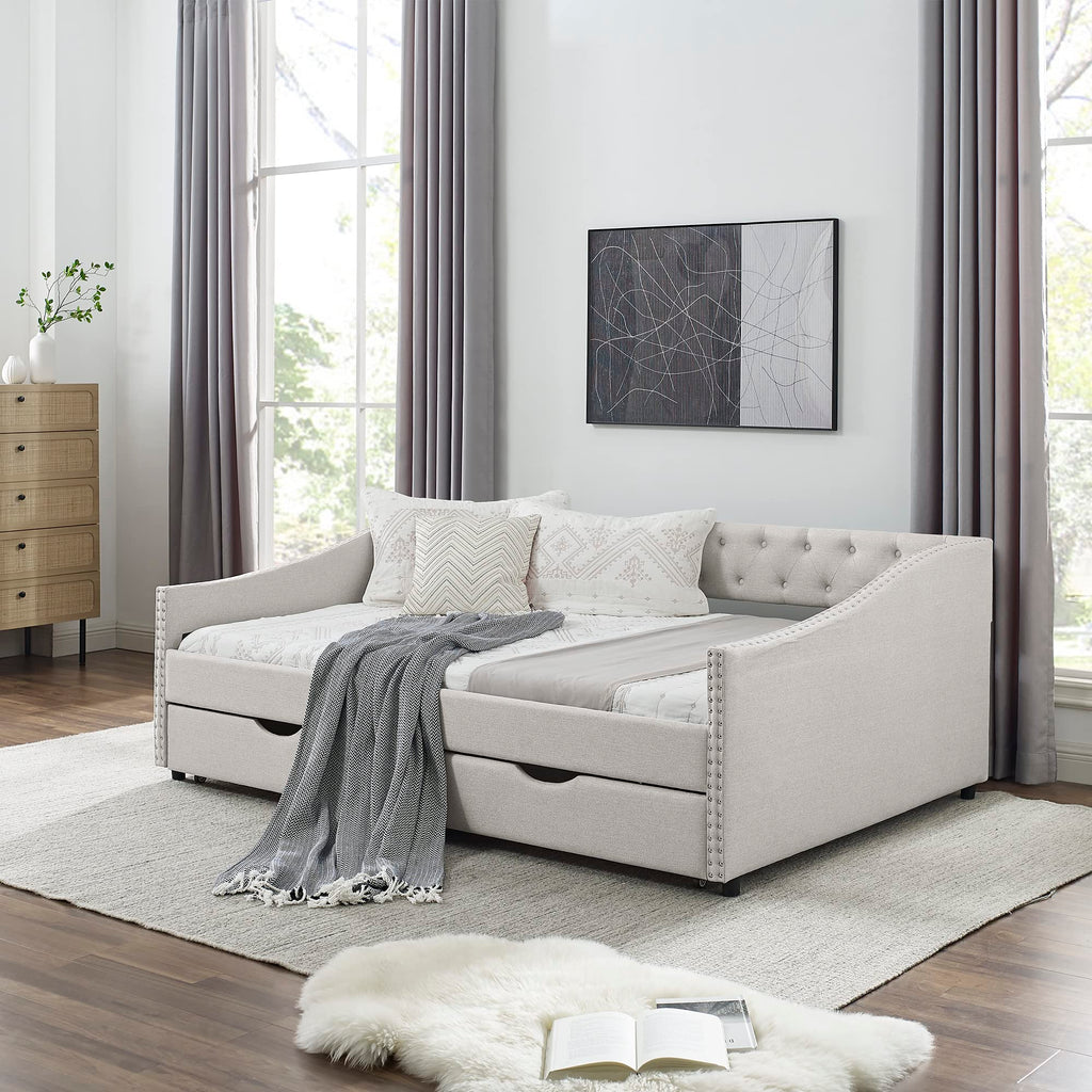 Full Size Upholstery Daybed with 2 Drawers and Headboard, Mid-Century Style Tufted Sofa Bed with Button on Back, Easy