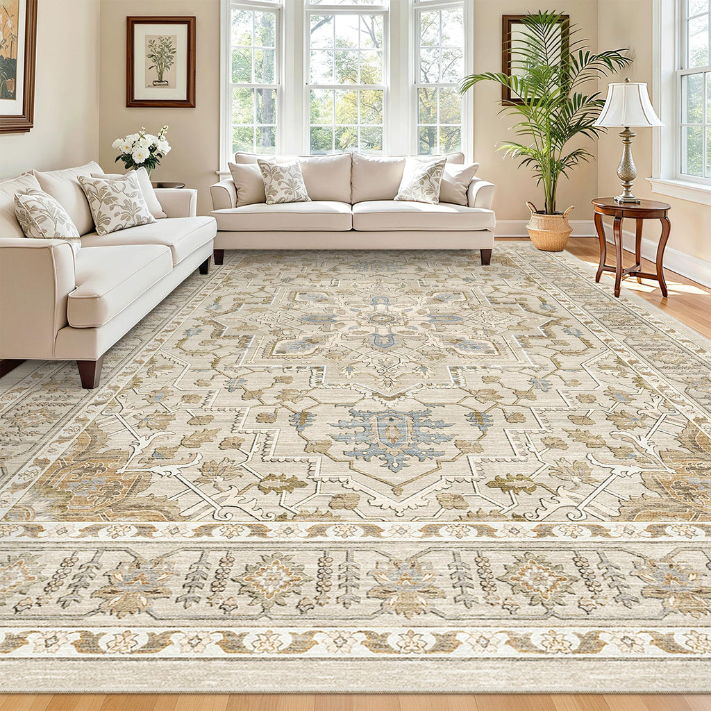 8x10 Area Rugs, Non-Slip Washable Rug, Beige/Blue