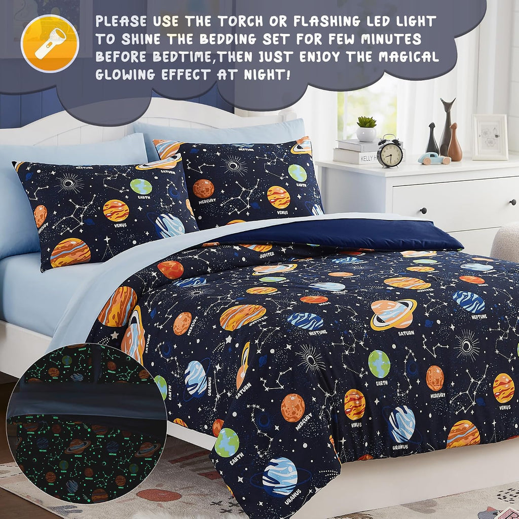 Full Kids Comforter Set - 7 Pieces Full Bedding Sets for Boys Teen, Glow in The Dark Space Bed in A Bag with Sheets