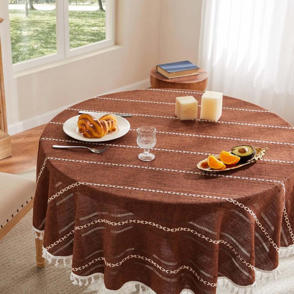 Hemstitched Striped Boho Table Cloth, 54 Inch Round Terracota