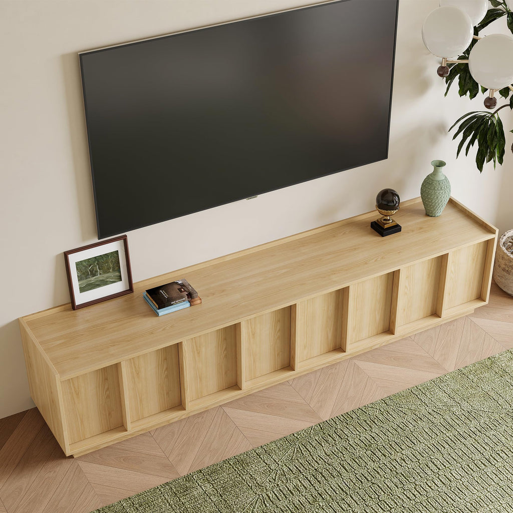 Mid Century Modern Fluted Light Oak TV Stand, Entertainment Center, 79"
