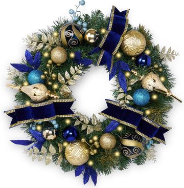24" Pre-Lit Large Christmas Wreath for Front Door Blue Gold
