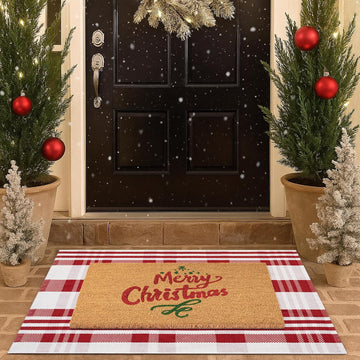 Christmas Door Mat Combo Set - 100% Coco Coir Welcome Mat + 28 x 43 Inch Red and White Diagonal Plaid Rug, New Year
