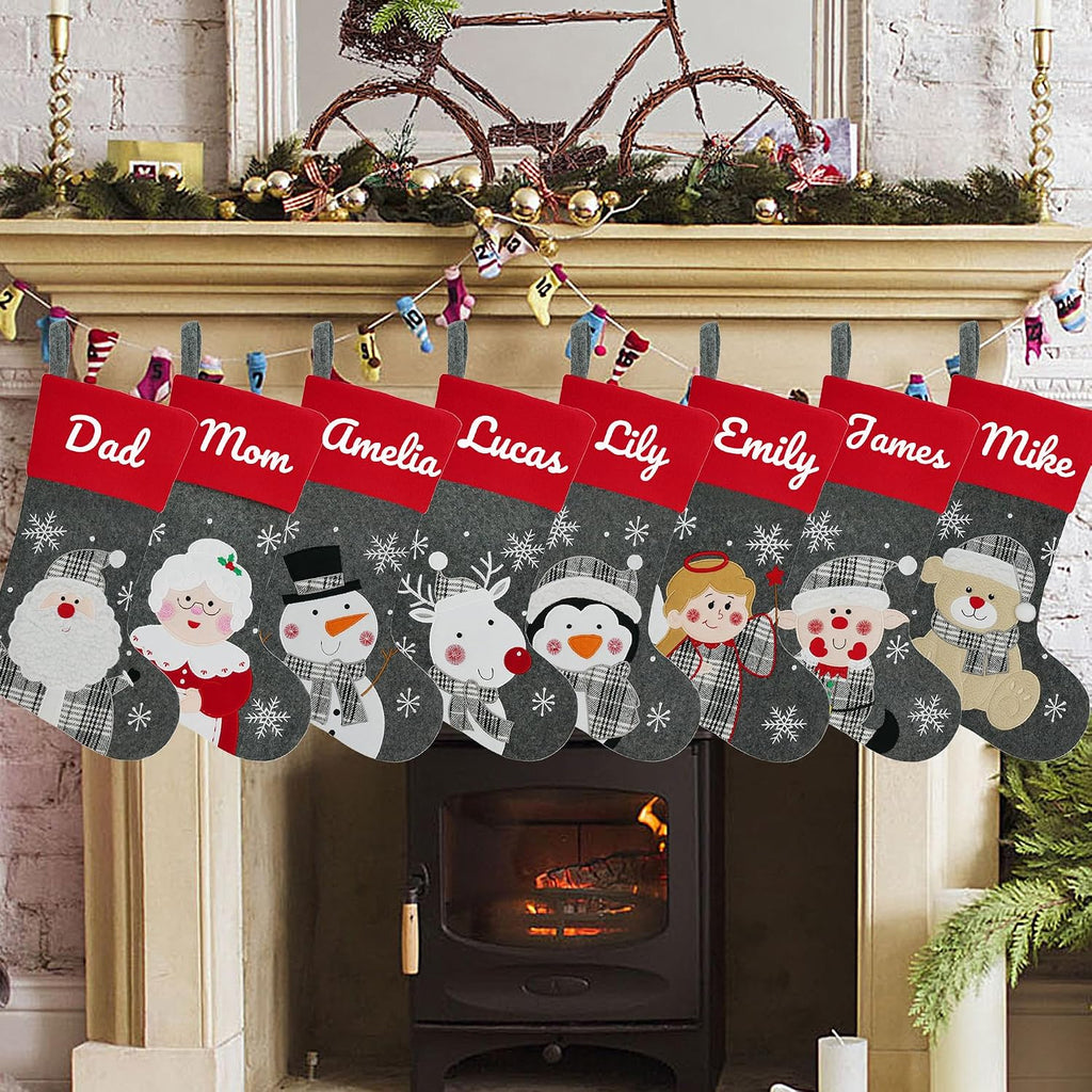 18" Dia Personalized Gray Christmas Stockings with Embroidery Names, with Holders,Quality Thick Fleece - Set of 8