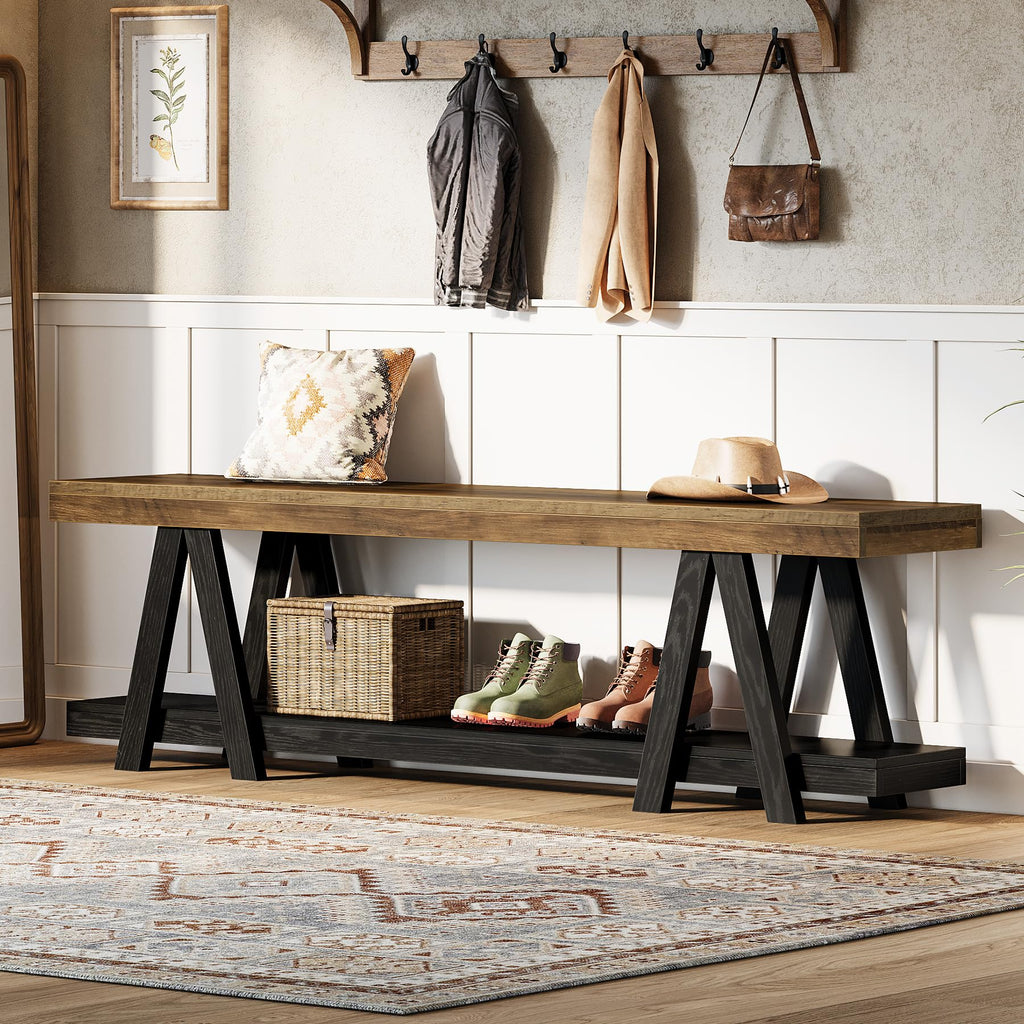 59.06-Inch Entryway Bench with Shoe Storage, Narrow Long 2-Tier End of Bed Bench with Open Shelves, Rustic Brown &