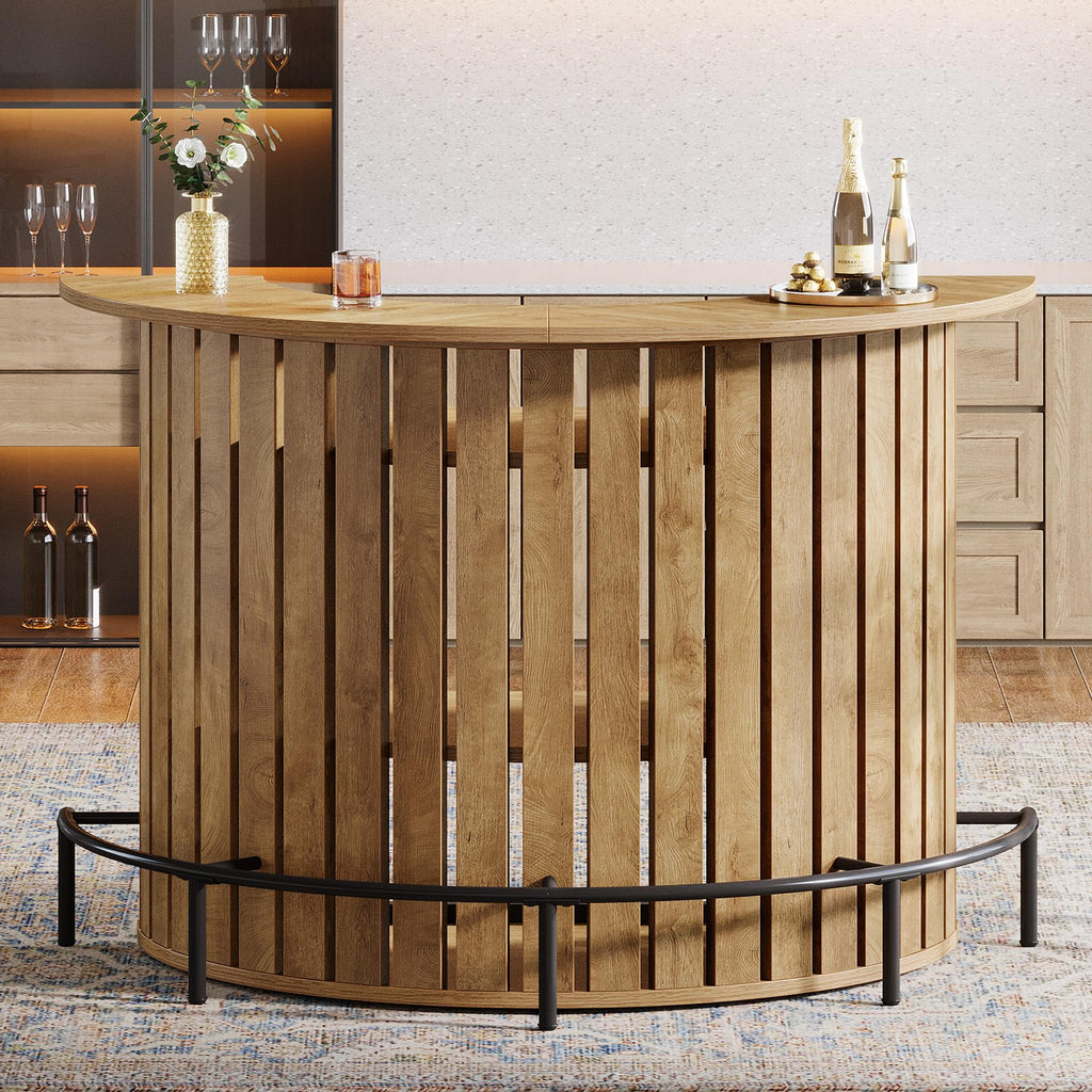 4-Tier Bar Table, 47.24" Mini Home Bar Table with Footrest, Arc-Shaped Modern Bar Cabinet, Light Brown
