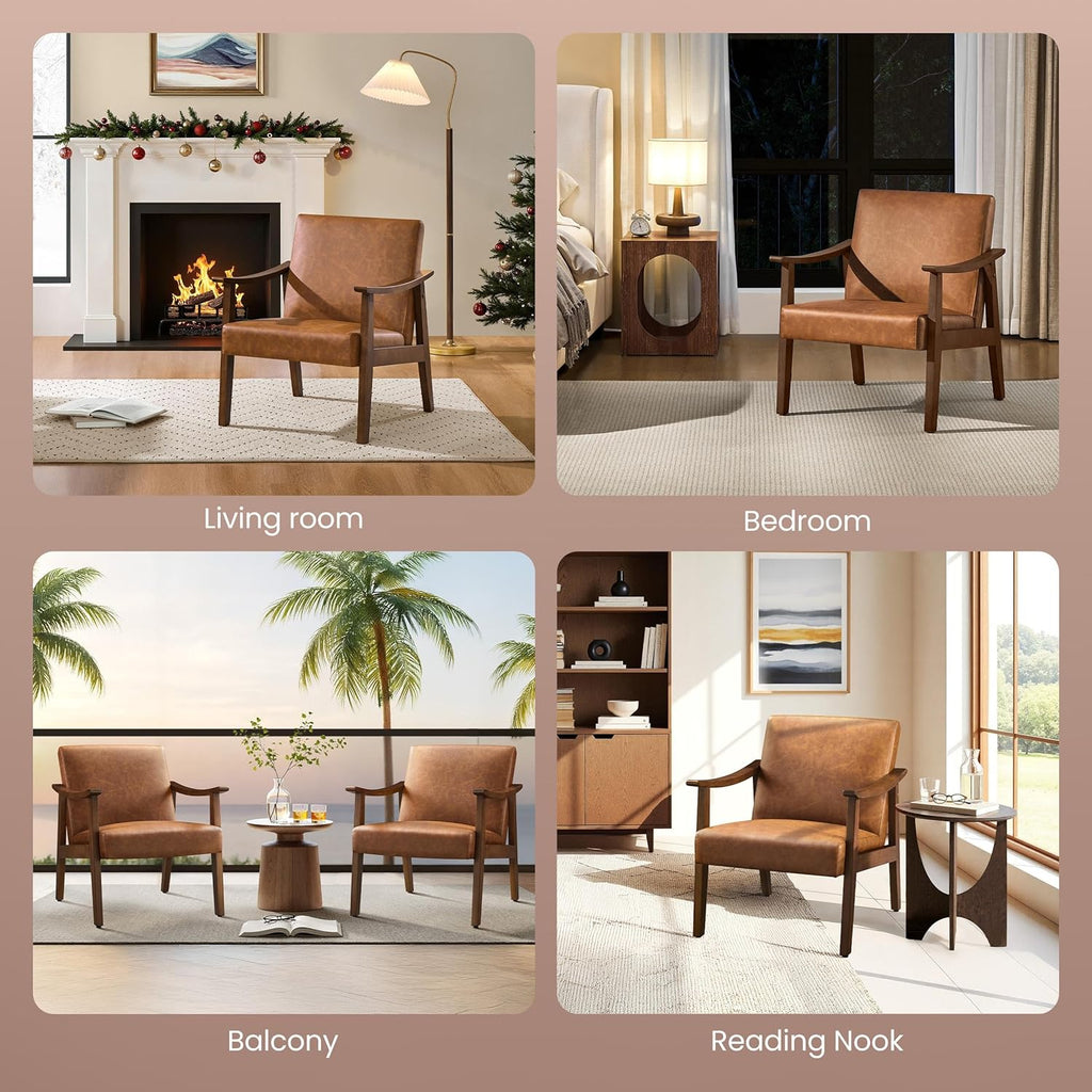 Accent Chairs, Mid-Century Faux Leather Armchairs Brown - Set of 2