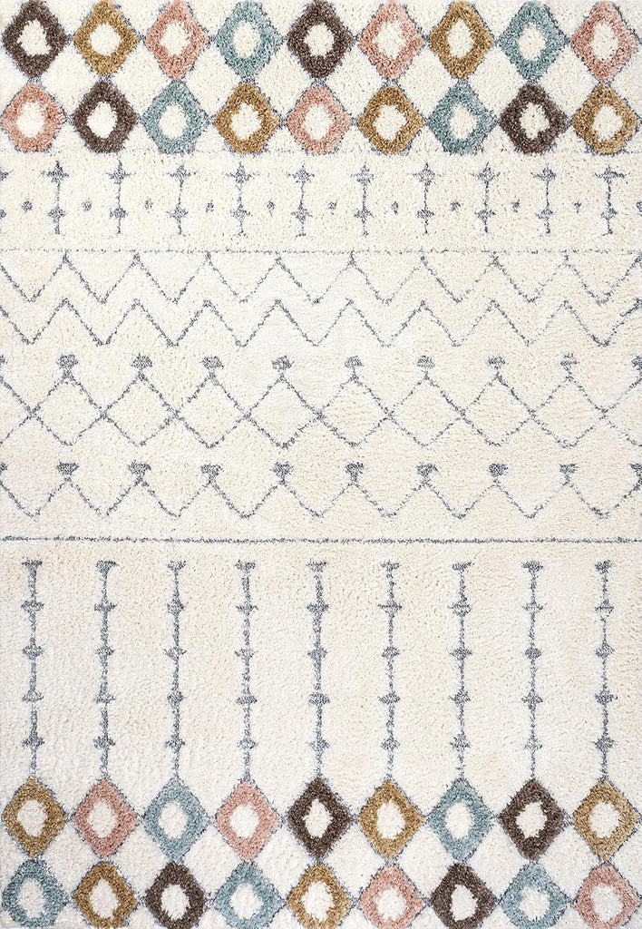 Trellis Plush Carved Multi/Cream Indoor Area Rug 4X6 ft, Pia Moroccan High-Low, Easy-Cleaning, High Traffic