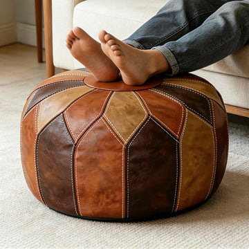 Round Unstuffed Pouf Cover, Faux Leather Storage Ottoman, Boho Moroccan Foot Stool, Multi-Purpose Home Decor and