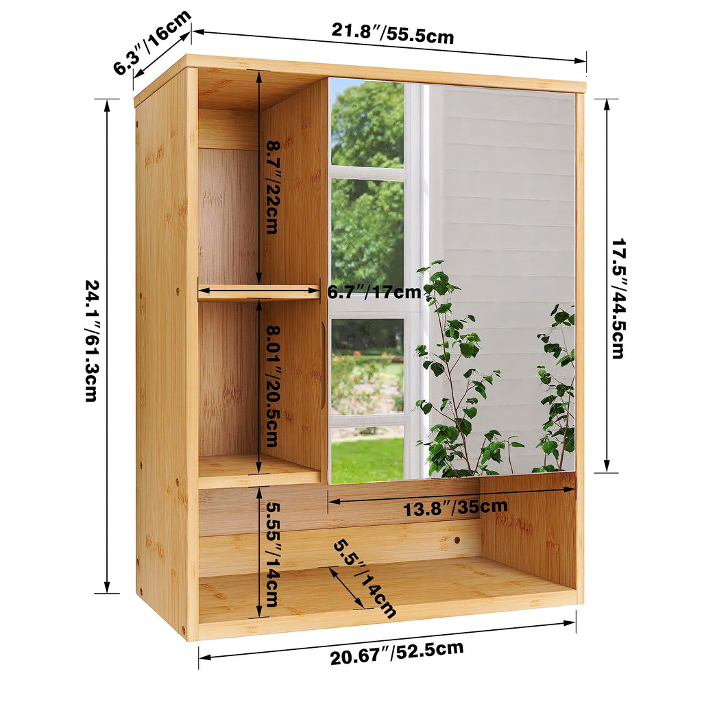 Bathroom Mirror Cabinet Wall Mounted, Bamboo Space Saver Medicine Cabinet, Wall Hanging Over Toilet Storage Cabinet