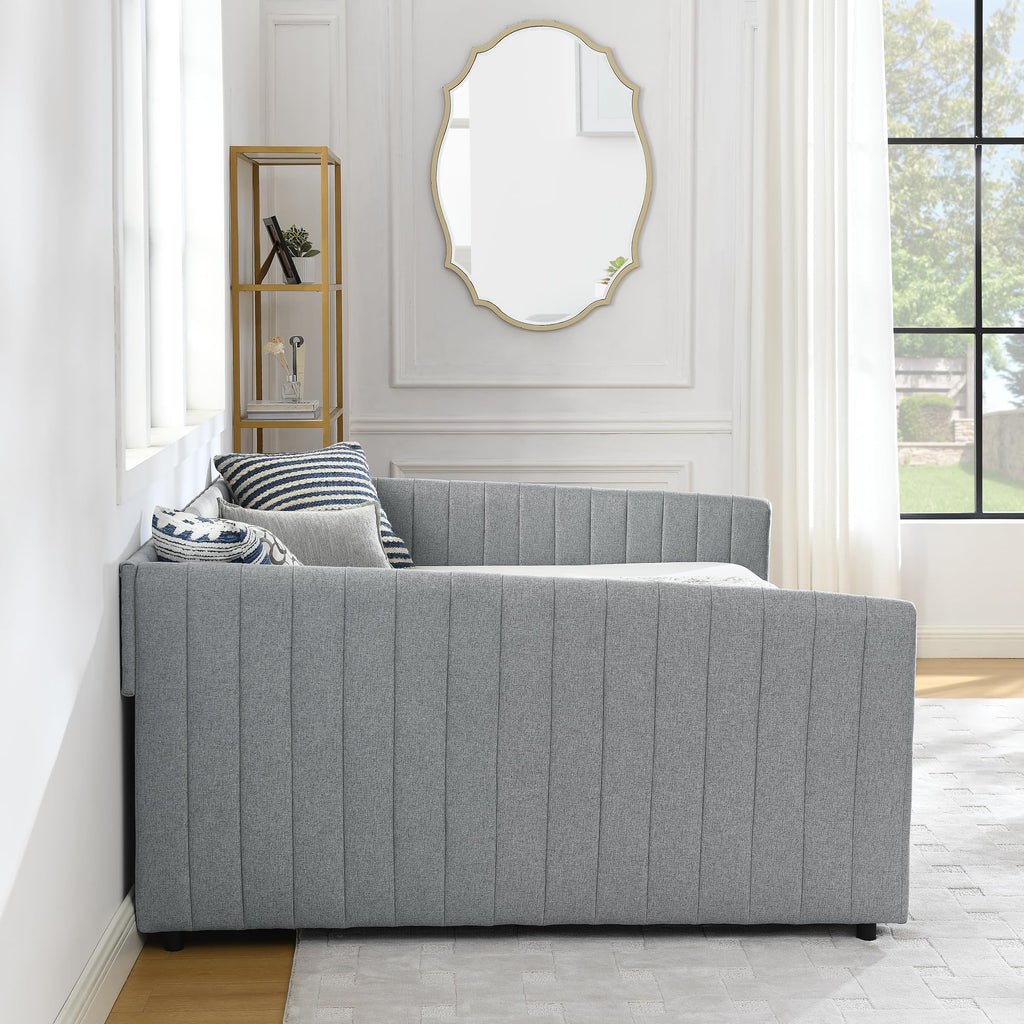 Queen Size Linen Upholstery Daybed with 2 Drawers, Modern Tufted Corner Sofa Bed Frame with Solid Wooden Slats, Easy