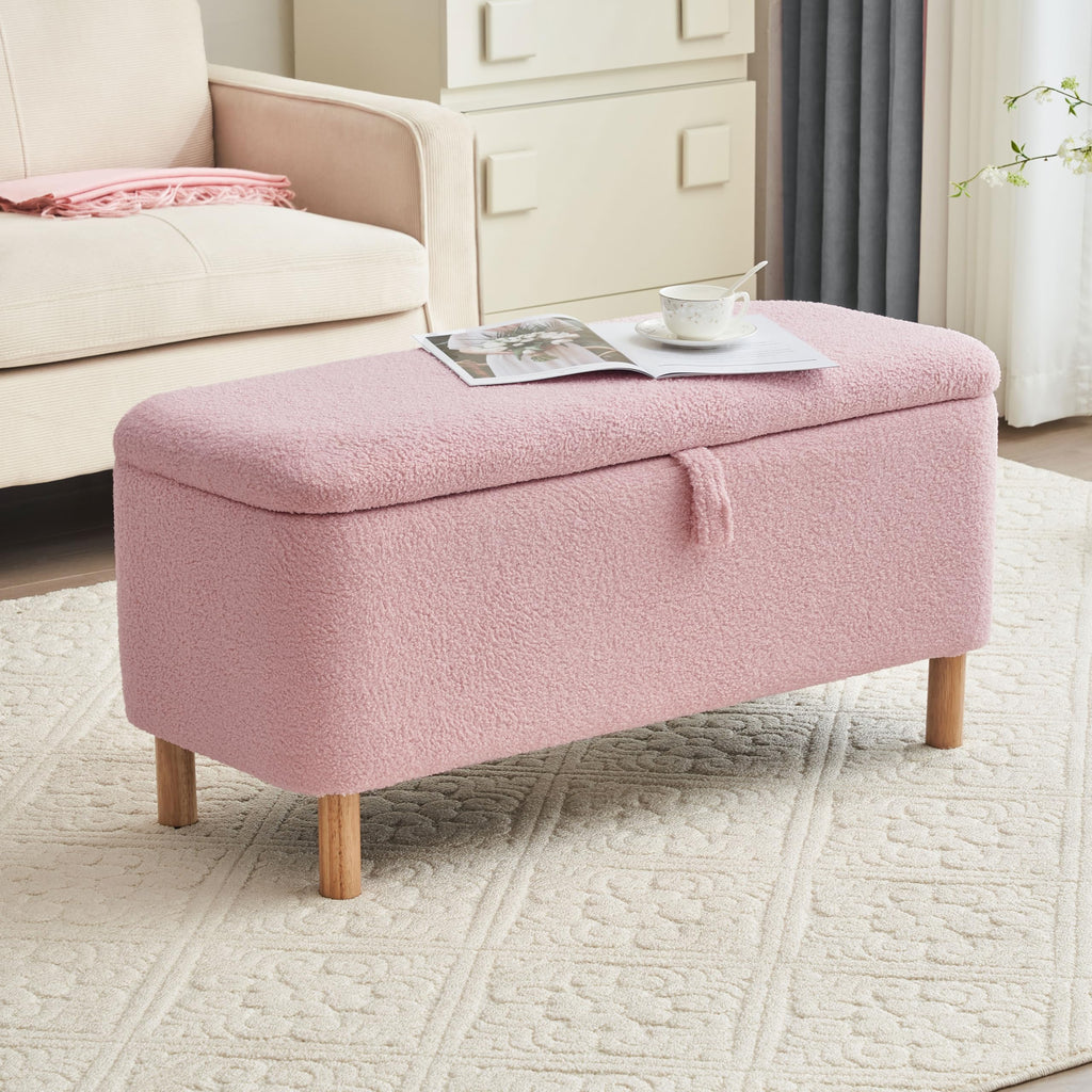 Boucle Storage Ottoman Bench end of Bed, Sherpa Upholstered Shoe Seat Storage Bench Bed Foot, Rectangle Cushion