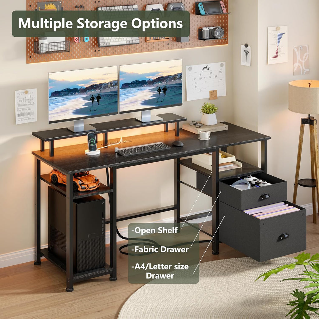 51" Gaming Desk with Power Outlets & LED Lights, Reversible Computer Desk with File Cabinet & Monitor Stand , Large