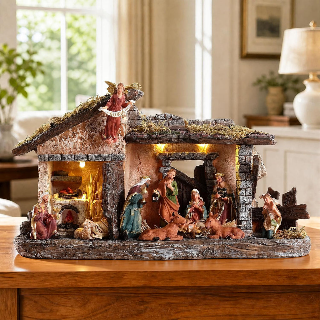 Nativity Scene Set with LED Lights,15.3" Resin Holy Family Character Stables Sculpture Manger Figurine for Indoor