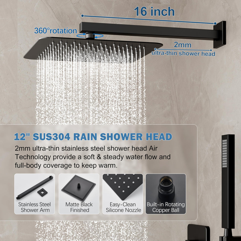 12" Rain Shower System with Handheld & Valve, Matte Black