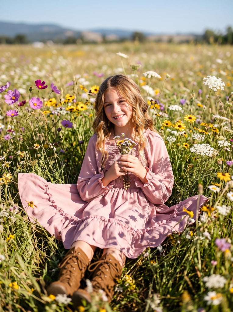 Girls Long Sleeve Fall Smocked High Low Dresses Pink