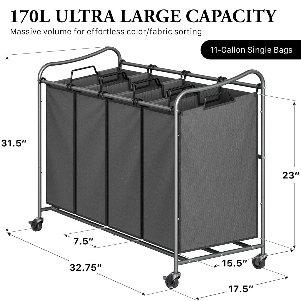 4-Bag Heavy Duty Laundry Sorter Rolling Cart, Dark Grey