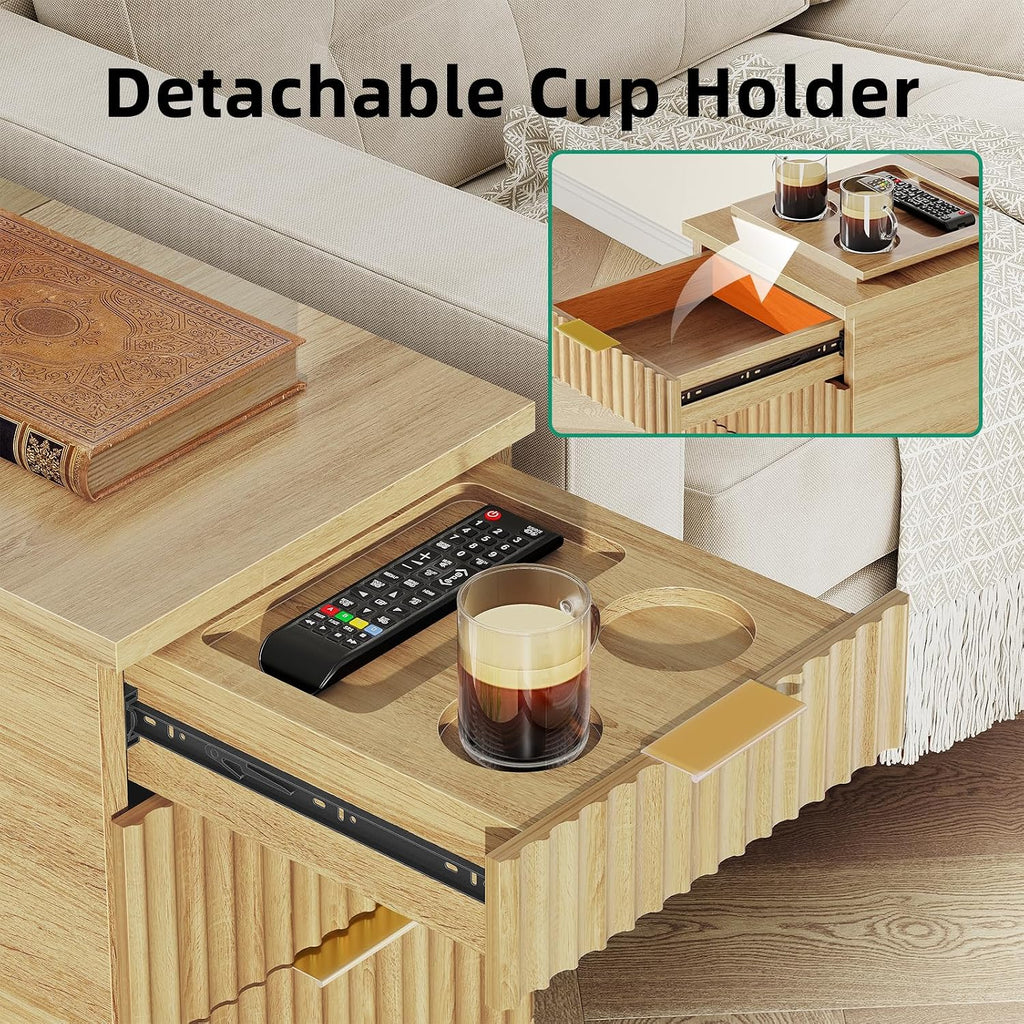 Narrow Nightstand with Hidden Outlets & USB Ports, Modern Fluted Bedside Table with 3 Drawers, Engineering Wooden End