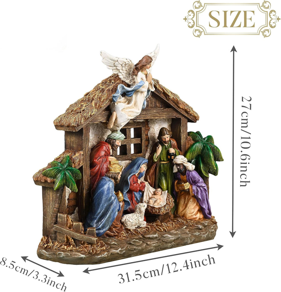 12.4" Christmas Nativity Set with LED Light, Red Gold