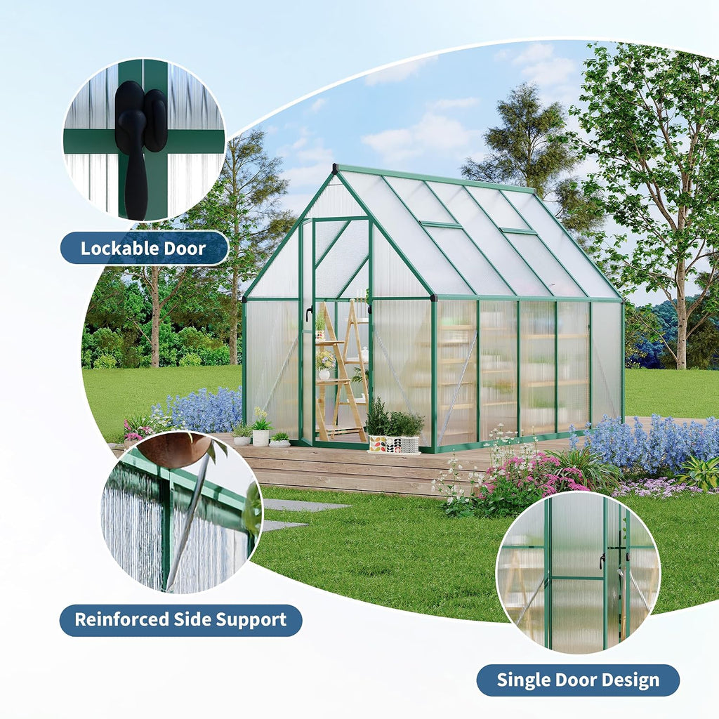 Polycarbonate Greenhouse for Outdoors, Large Walk-InGreenhouse with Quick Setup Structure and Roof Vent, Greenhouse