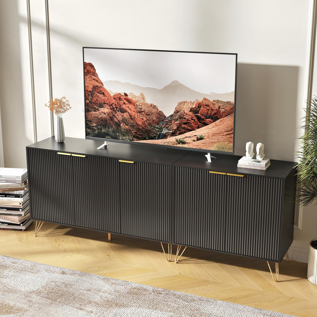75 inch TV Stand with 5 Fluted Doors and Adjustable Shelves, Black丨Modern Entertainment Center Cabinet, Wood Media