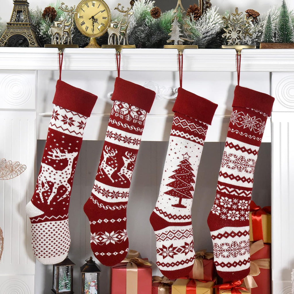 26-Inch Large Nordic Style Knitted Christmas Stockings in Burgundy/White for Stuffers & Mantel, Wall, & Staircase - Set of 4