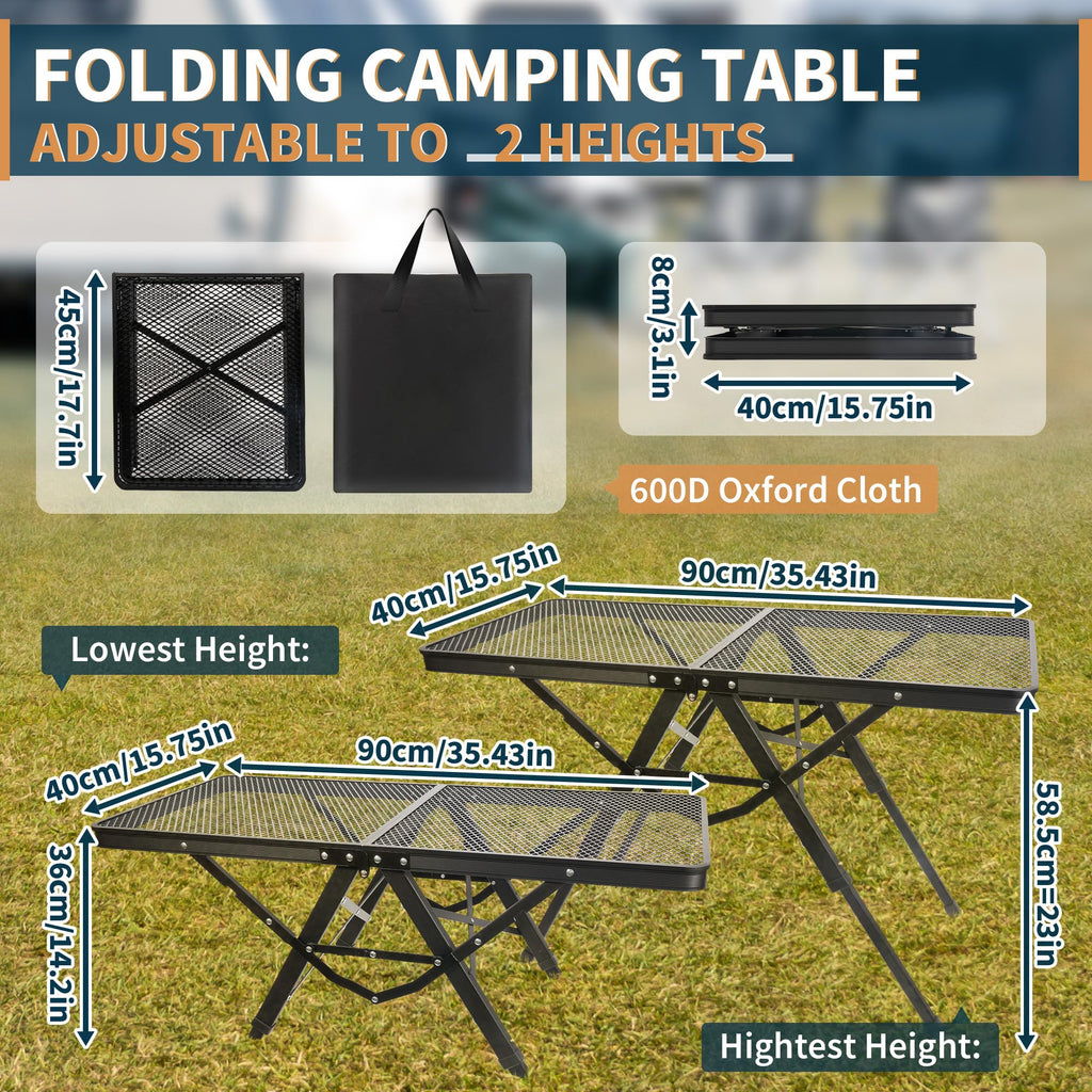 HPC DECOR Grill Table with Mesh Desktop, 200lbs 3Ft Portable Folding Table, Camping Table, Picnic Table, Height