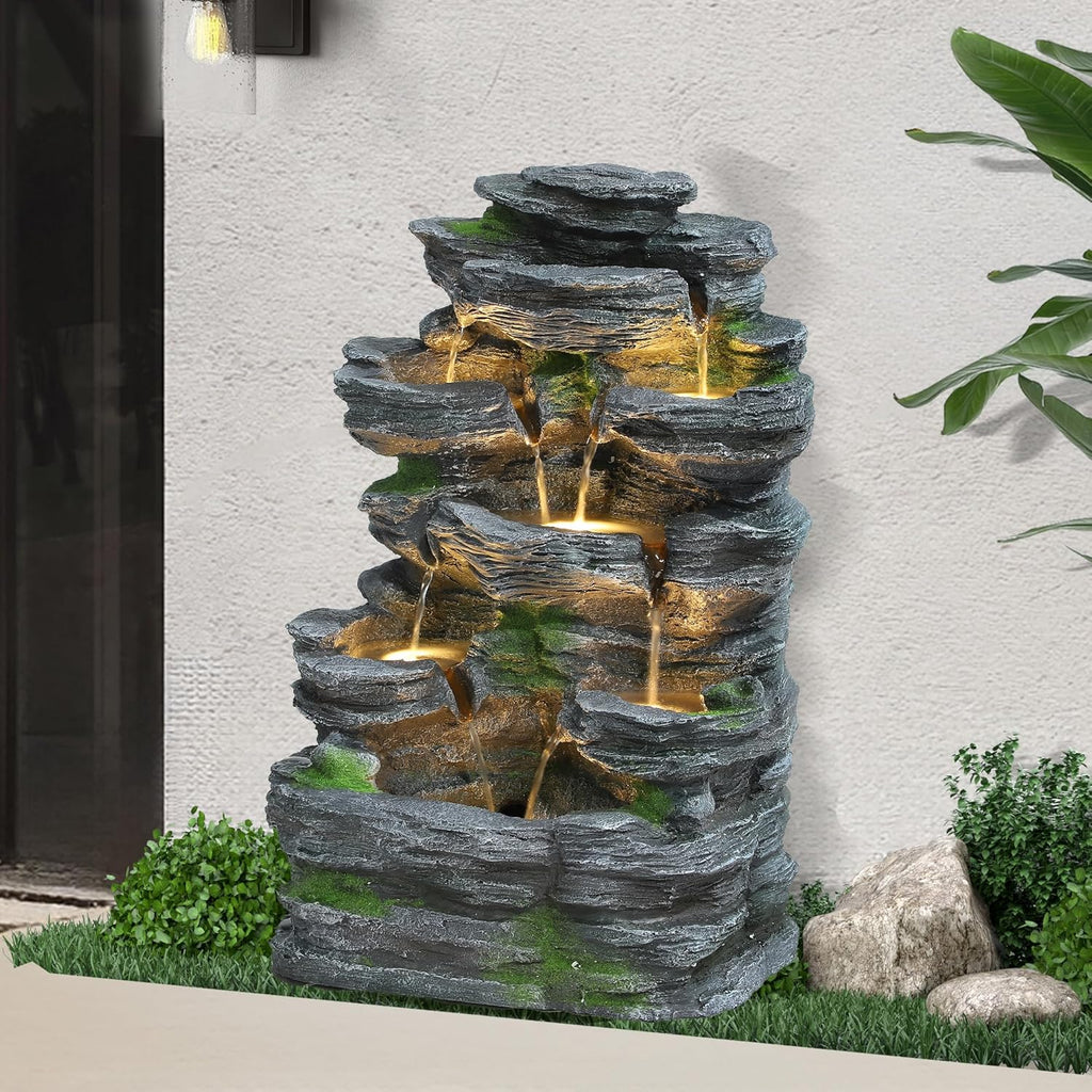 7-Tiers Cascading Rock Water Fountain Outdoor
