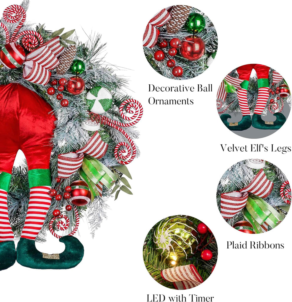 30'' Pre-Lit Christmas Wreath for Front Door with Lights, Large Lighted Outdoor Christmas Wreath with Red Green White