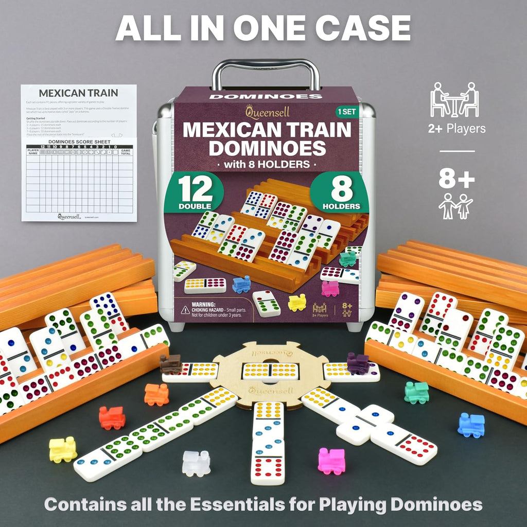 Mexican Train Dominoes Set with 8 Holders - Wooden Hub and Tiles Holders - Double 12 Tiles with Dots (D12 + 8 Holders)