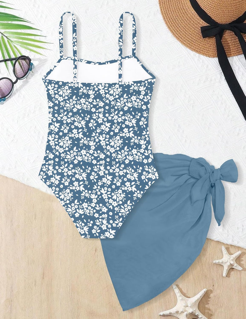 Girls Swimsuit Adjustable Straps Cut Out One Piece Bathing Suit with Solid Color Cover Up Skirt Girls' Swimwear