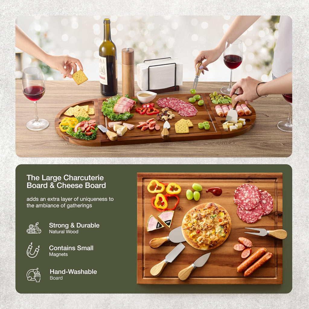 30" Large Acacia Wood Charcuterie Board with 4 Knives Set, Magnetic | Removable 3 Parts, Magnetic, No Assembly Wooden