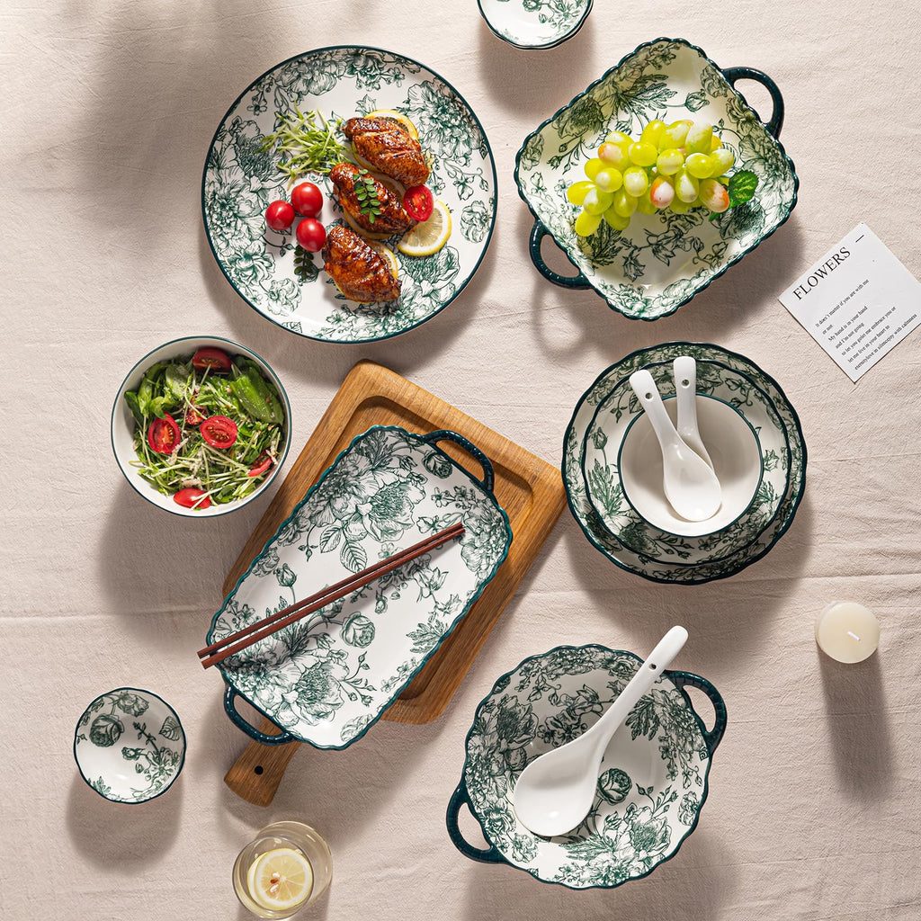 Ceramic Dinnerware Set, Series Kavara II, (Green Rose)