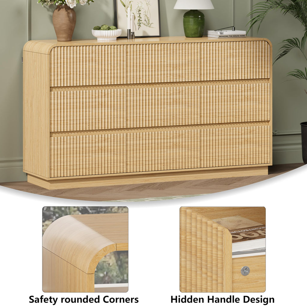 Oak Dresser Fluted 9 Drawers Dresser, 59" Wide Wood Chest of Drawers with Hidden Handles & Rounded Corners, Modern