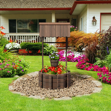 Rustic Solid Fir Wood Wishing Well Planter for Outdoor Plants, 16.5 in Diameter
