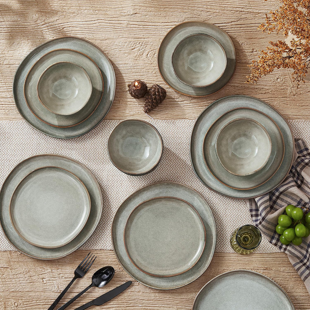Stoneware Dinnerware Sets for 6, Reactive Glaze Plates and Bowls, Grey